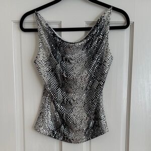 Shameless | Y2K Black and Silver Sequin Cowl Neck Snake Print Cami Tank Top | M
